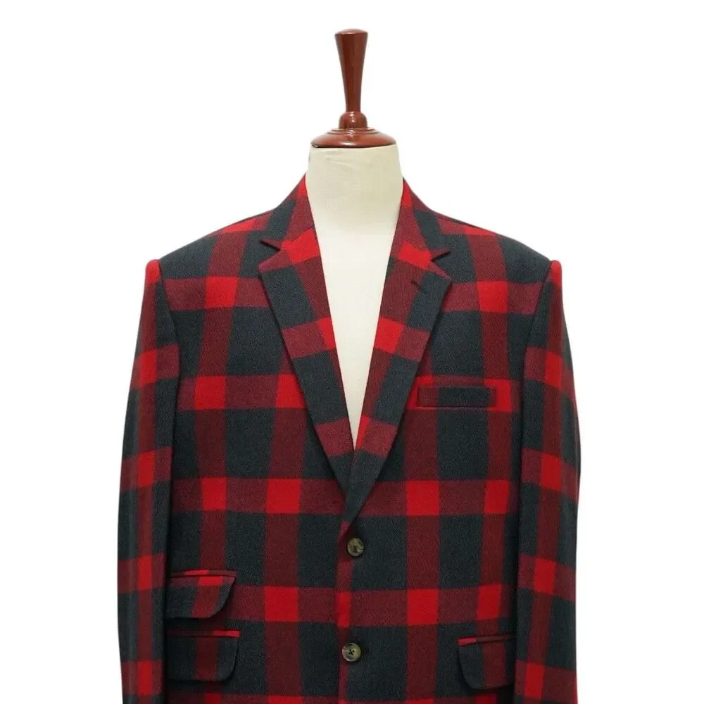 Mens 48R Red Black Buffalo Plaid Wool Blazer 2 Button Sport Coat Wedding Formal